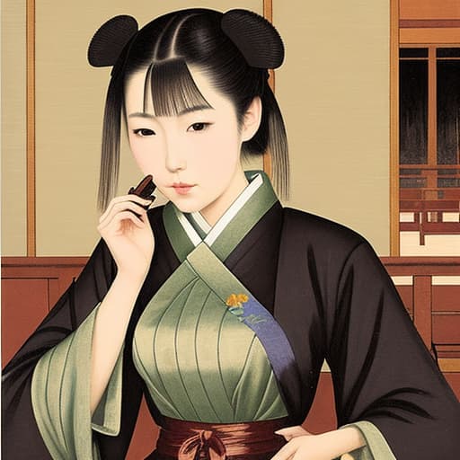  Attractive Beautiful young modern Japanese girl dressed in imperial attire with moist parted lips. Foreground is plates of fine dark chocolates. Background is an exclusive Japanese restaurant . Painting style of Edgar Degas