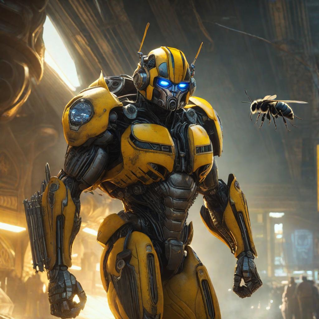  Bumblebee se Transfof, realistic, portrait, art by donato giancola and greg rutkowski, realistic face, digital art, trending on artstation hyperrealistic, full body, detailed clothing, highly detailed, cinematic lighting, stunningly beautiful, intricate, sharp focus, f/1. 8, 85mm, (centered image composition), (professionally color graded), ((bright soft diffused light)), volumetric fog, trending on instagram, trending on tumblr, HDR 4K, 8K