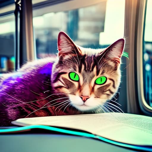 nvinkpunk Realistic image of a cat wearing headphones and reading glasses while riding a bus., macro photography hyperrealistic, full body, detailed clothing, highly detailed, cinematic lighting, stunningly beautiful, intricate, sharp focus, f/1. 8, 85mm, (centered image composition), (professionally color graded), ((bright soft diffused light)), volumetric fog, trending on instagram, trending on tumblr, HDR 4K, 8K