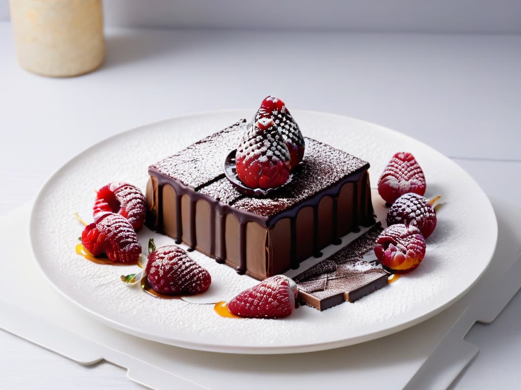  A closeup, ultradetailed image of a luxurious and decadent chocolate rubí dessert on a sleek, minimalist white plate. The dessert is elegantly garnished with delicate edible gold leaf, fresh raspberries, and a dusting of powdered sugar. The chocolate rubí shines under soft, natural lighting, showcasing its vibrant pink hue and glossy texture. The background is a subtle, muted grey, allowing the dessert to stand out as the focal point with its exquisite presentation and rich color. hyperrealistic, full body, detailed clothing, highly detailed, cinematic lighting, stunningly beautiful, intricate, sharp focus, f/1. 8, 85mm, (centered image composition), (professionally color graded), ((bright soft diffused light)), volumetric fog, trending on instagram, trending on tumblr, HDR 4K, 8K