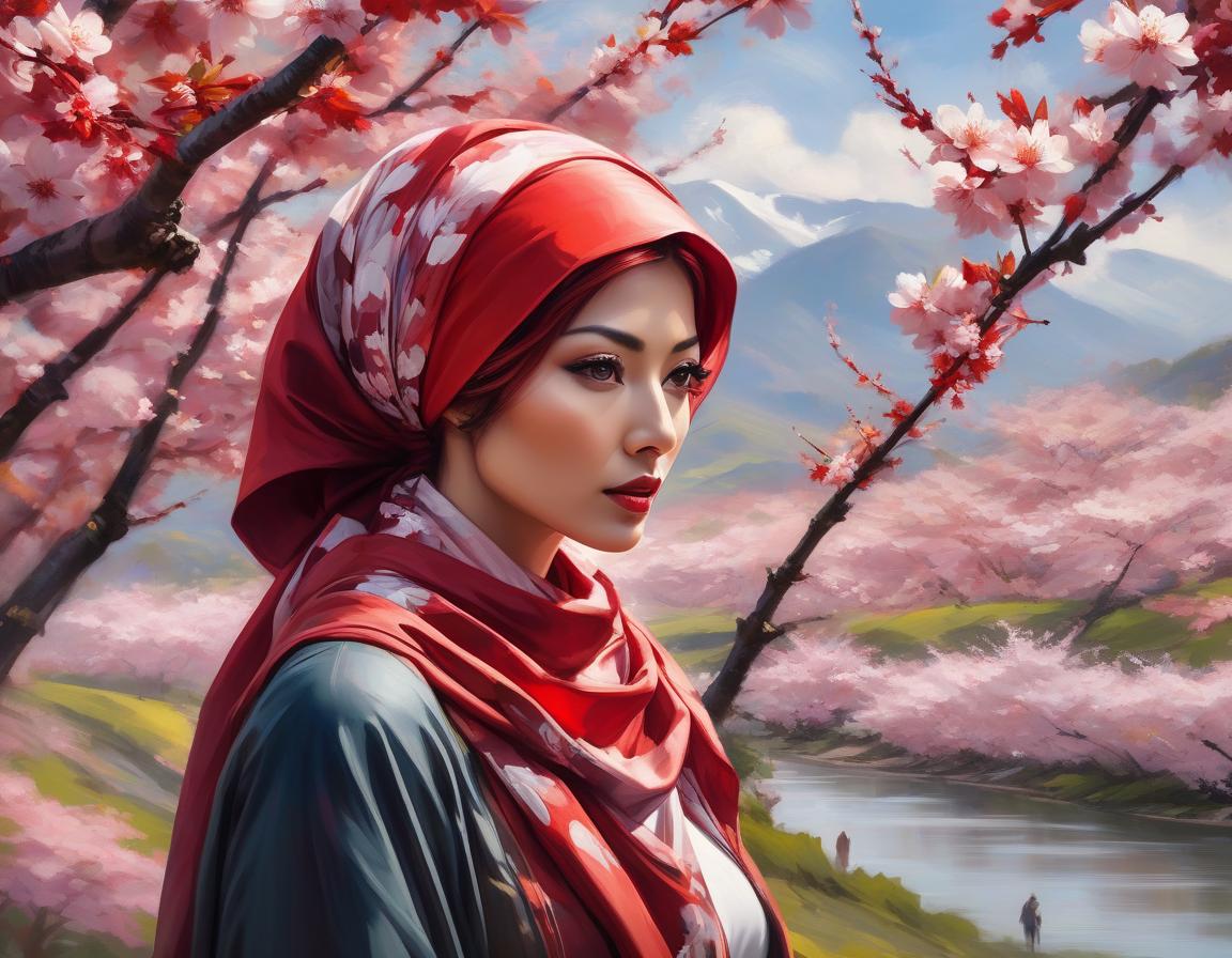  abstract expressionist painting A digital art portrait of a woman with a red headscarf, cherry blossoms in her hair, and serene landscape in the background. . energetic brushwork, bold colors, abstract forms, expressive, emotional hyperrealistic, full body, detailed clothing, highly detailed, cinematic lighting, stunningly beautiful, intricate, sharp focus, f/1. 8, 85mm, (centered image composition), (professionally color graded), ((bright soft diffused light)), volumetric fog, trending on instagram, trending on tumblr, HDR 4K, 8K