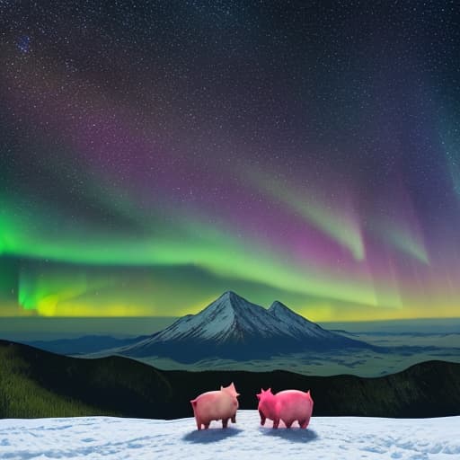  Two lovely pigs holding hands, standing on the lawn of the mountain top, in front of the continuous mountains, looking up is the brilliant Milky Way, the vast starry sky and dazzling aurora.