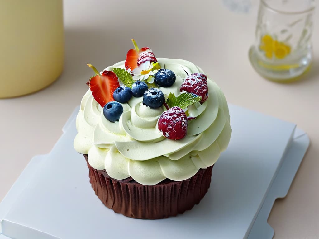  A minimalistic image of a beautifully decorated vegan cupcake, topped with vibrant fresh berries and delicate edible flowers, set against a clean white background, showcasing the intricate details of the plantbased frosting and garnishes. hyperrealistic, full body, detailed clothing, highly detailed, cinematic lighting, stunningly beautiful, intricate, sharp focus, f/1. 8, 85mm, (centered image composition), (professionally color graded), ((bright soft diffused light)), volumetric fog, trending on instagram, trending on tumblr, HDR 4K, 8K