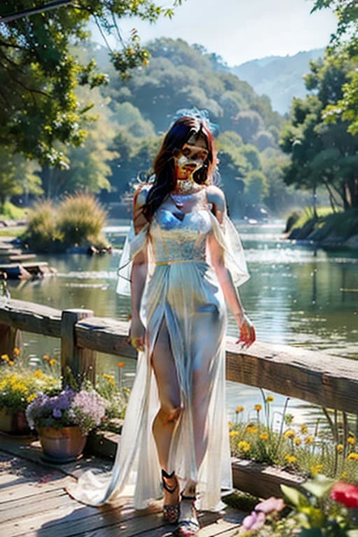  Sunshine,flowers and a lake hyperrealistic, full body, detailed clothing, highly detailed, cinematic lighting, stunningly beautiful, intricate, sharp focus, f/1. 8, 85mm, (centered image composition), (professionally color graded), ((bright soft diffused light)), volumetric fog, trending on instagram, trending on tumblr, HDR 4K, 8K