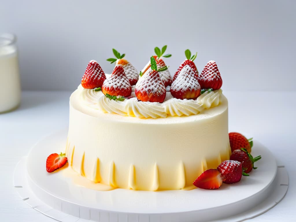  An ultradetailed, minimalistic image of a pristine white three milk cake, perfectly sliced to reveal the moist layers soaked in a milky glaze, garnished with a single vibrant red strawberry on top, set against a clean, white backdrop. hyperrealistic, full body, detailed clothing, highly detailed, cinematic lighting, stunningly beautiful, intricate, sharp focus, f/1. 8, 85mm, (centered image composition), (professionally color graded), ((bright soft diffused light)), volumetric fog, trending on instagram, trending on tumblr, HDR 4K, 8K