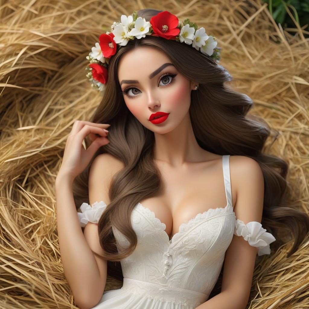   farm , bride lightly dressed, (lies in the straw:1.3),sweaty skin,hourgl figure, long hair, complex ided hair, floral wreath headdress, red lipstick, posing, (angular face:1.4), realistic, (B cup s:1.5), detailed, (small areolas:1.2), (perfect fingers:1.2), (large eyes:1.1),realistic, full length photo hyperrealistic, full body, detailed clothing, highly detailed, cinematic lighting, stunningly beautiful, intricate, sharp focus, f/1. 8, 85mm, (centered image composition), (professionally color graded), ((bright soft diffused light)), volumetric fog, trending on instagram, trending on tumblr, HDR 4K, 8K