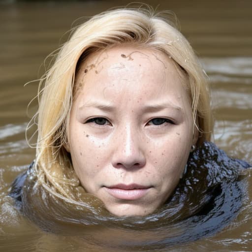  woman's face with blonde hair drowning in the river