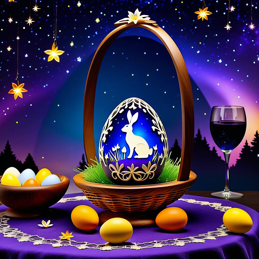  Luxury product style (Sky):starry night. (Colour):dark blue, violet, lilac. Yellow, orange cream lilies blossom on the background of the starry sky. On the openwork tablecloth is an Easter basket with Easter eggs. In the centre of the basket is a large decorative glass egg on a carved wooden stand. In the egg sits the Easter Bunny. (Bunny). Description: a small fluffy adorable bunny. Wool of delicate pastel colours: blue, lilac, the colour of cocoa with milk. Sits in the young grass around him painted Easter eggs: lilac pink orange red, blue, lettuce. . Elegant, sophisticated, high end, luxurious, professional, highly detailed hyperrealistic, full body, detailed clothing, highly detailed, cinematic lighting, stunningly beautiful, intricate, sharp focus, f/1. 8, 85mm, (centered image composition), (professionally color graded), ((bright soft diffused light)), volumetric fog, trending on instagram, trending on tumblr, HDR 4K, 8K