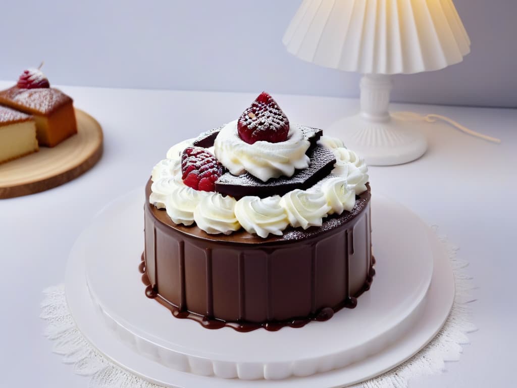  A highquality, photorealistic image of a decadent Viennese Sachertorte placed on an elegant porcelain plate, topped with a perfectly symmetrical dollop of whipped cream and a single ripe raspberry. The background showcases a traditional Viennese café setting with ornate furniture, vintage coffee cups, and a subtle reflection of the iconic chandeliers overhead. The lighting is soft, emphasizing the glossy sheen of the chocolate glaze and the intricate details of the dessert, inviting the viewer to savor the richness and history of this emblematic European treat. hyperrealistic, full body, detailed clothing, highly detailed, cinematic lighting, stunningly beautiful, intricate, sharp focus, f/1. 8, 85mm, (centered image composition), (professionally color graded), ((bright soft diffused light)), volumetric fog, trending on instagram, trending on tumblr, HDR 4K, 8K