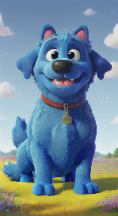  {A happy, big blue dog wagging its tail in a colorful meadow, The big blue dog is large with sky blue fur, big round eyes, a black nose, and floppy ears.