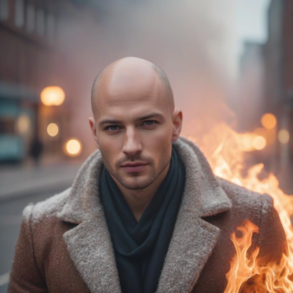  tilt shift photo of A portrait of a young, bald man whose entire face is full of burns. . Selective focus, miniature effect, blurred background, highly detailed, vibrant, perspective control hyperrealistic, full body, detailed clothing, highly detailed, cinematic lighting, stunningly beautiful, intricate, sharp focus, f/1. 8, 85mm, (centered image composition), (professionally color graded), ((bright soft diffused light)), volumetric fog, trending on instagram, trending on tumblr, HDR 4K, 8K