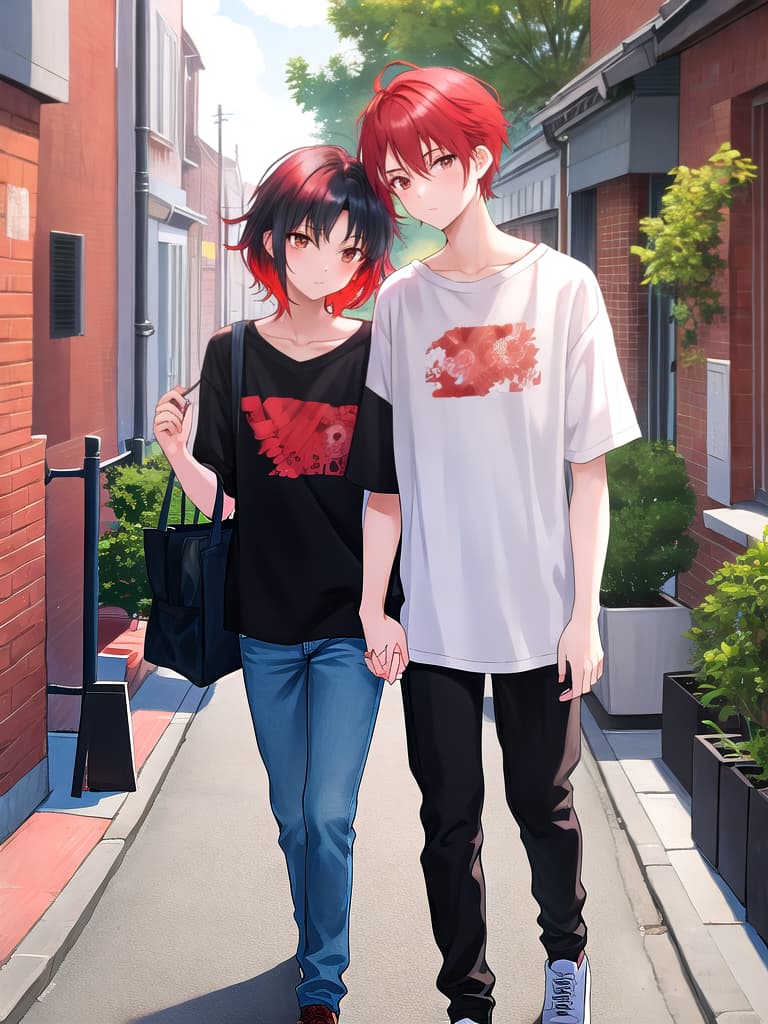  Teenage boy with red hair holding his black haired boyfriend's hand