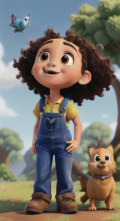  {Riley looking up at the tree with a big smile, animals surrounding them., Riley, a curious with big brown eyes and curly hair, wearing overalls and carrying a small backpack. Their friend, Skye, a bluebird with shiny feathers.