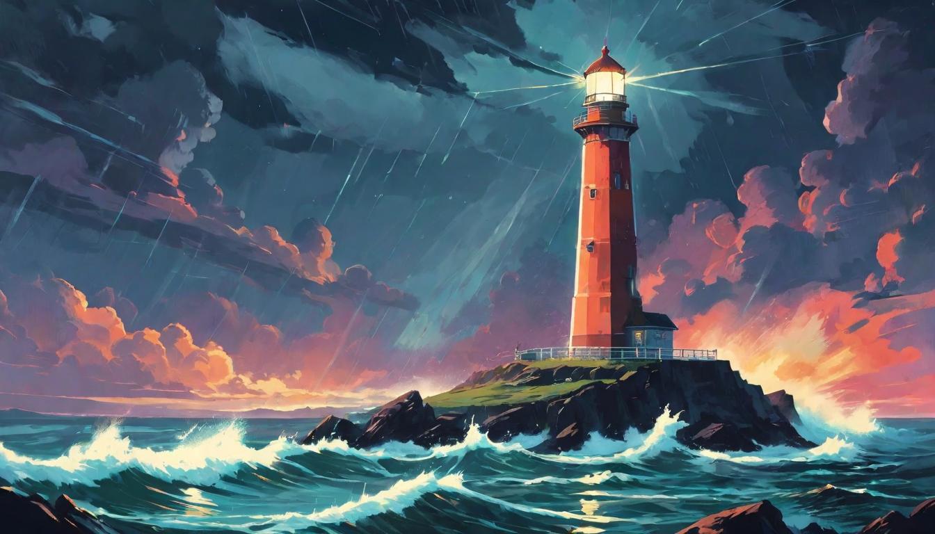  retro futuristic Lighthouse during a storm, guiding light, safety and calm, stable foundation, beacon lvintage sci fi, 50s and 60s style, atomic age, vibrant, highly detailed