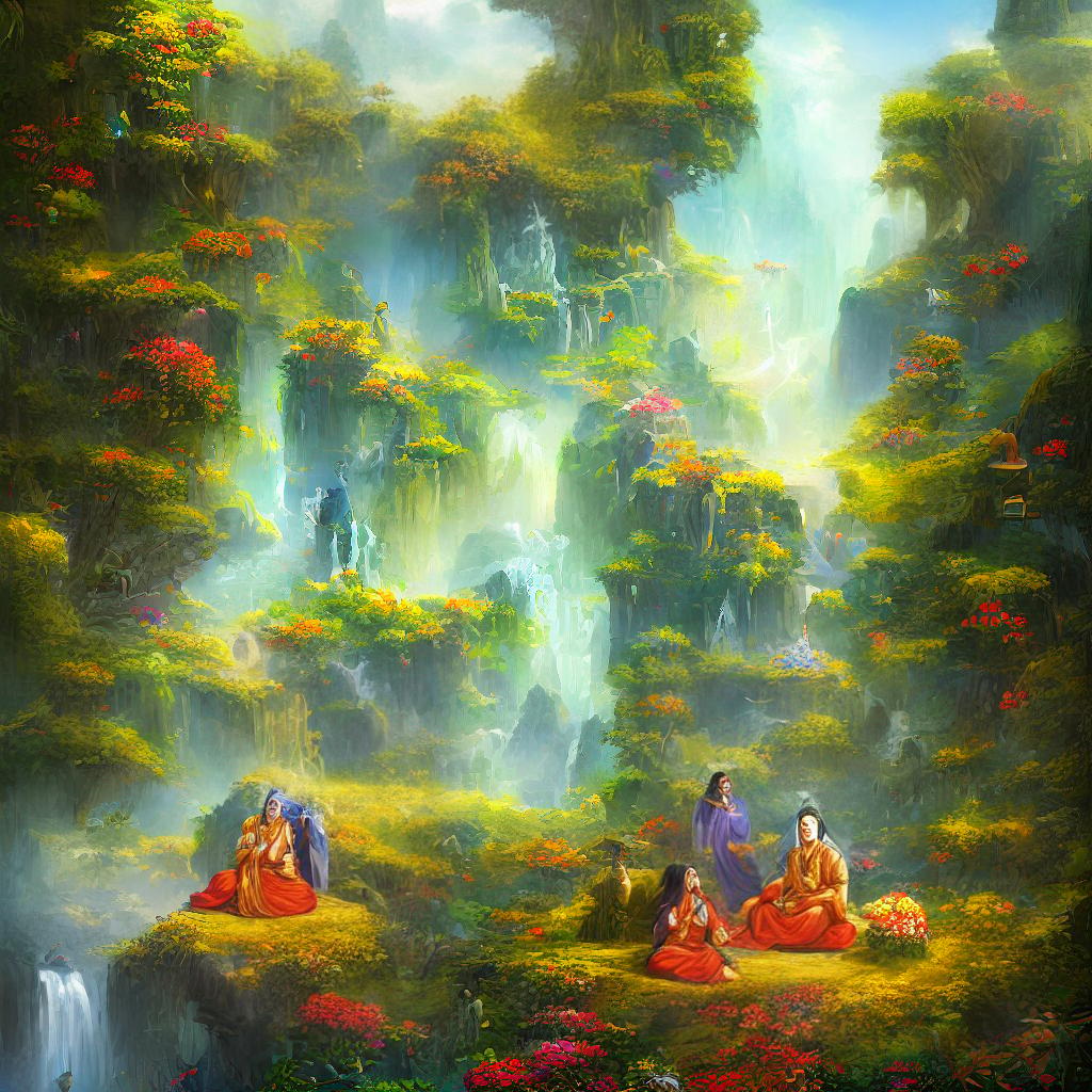  ((masterpiece)),(((best quality))), 8k, high detailed, ultra-detailed. Babaji talking to Yogananda. Babaji, a bearded sage with a turban, dressed in vibrant robes, sits cross-legged on a mountaintop. Yogananda, a young man with a serene expression, stands in awe, gazing at Babaji. The mountaintop is surrounded by lush greenery and colorful flowers. Birds soar in the clear blue sky above. Rays of golden sunlight shine through the clouds, illuminating the scene. The painting captures the mystical atmosphere and deep connection between Babaji and Yogananda. The medium is oil on canvas, with intricate brushwork and vibrant colors. This masterpiece is reminiscent of traditional Indian art, with its intricate details and rich symbolism. The paint hyperrealistic, full body, detailed clothing, highly detailed, cinematic lighting, stunningly beautiful, intricate, sharp focus, f/1. 8, 85mm, (centered image composition), (professionally color graded), ((bright soft diffused light)), volumetric fog, trending on instagram, trending on tumblr, HDR 4K, 8K