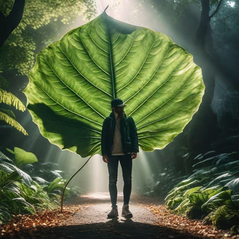  a human eating a gigantic leaf hyperrealistic, full body, detailed clothing, highly detailed, cinematic lighting, stunningly beautiful, intricate, sharp focus, f\/1. 8, 85mm, (centered image composition), (professionally color graded), ((bright soft diffused light)), volumetric fog, trending on instagram, trending on tumblr, HDR 4K, 8K