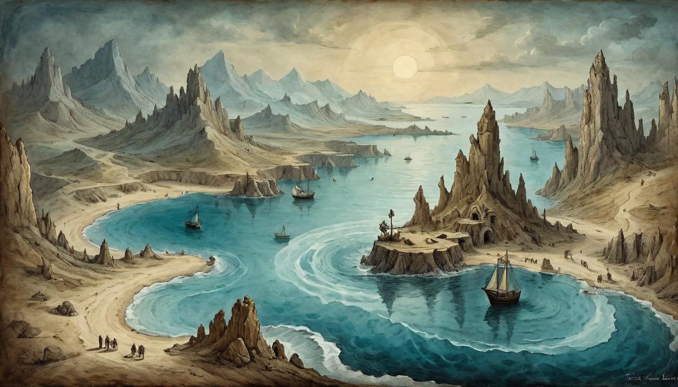  on parchment, surrealism+++, An array of rugged terrains and serene waters, symbolizing Odysseus' challenges and lessons. Textured lands, reflective waters, journeys intertwine, natural beauty, insight, transformation.(mysterious, provocative, symbolic,muted color)+++