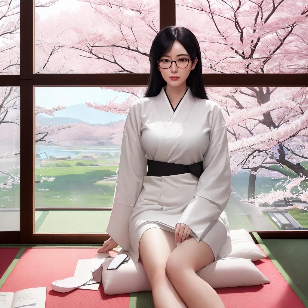  A Japanese girl, ((black hair)), ((wearing glasses)), sitting in a classroom, ((concentrating on her studies)), surrounded by textbooks, ((with a view of cherry blossoms outside the window)), in a traditional Japanese high, ((with sliding doors and tatami mats)), creating a masterpiece in her sketchbook. The artwork is incredibly detailed, with every stroke meticulously captured, showcasing the ((best quality)) and ultra-detailed work. The scene is filled with natural light, highlighting the vibrant colors of the cherry blossoms and adding a serene atmosphere. This stunning artwork deserves to be displayed in the highest resolution possible, at 8k. hyperrealistic, full body, detailed clothing, highly detailed, cinematic lighting, stunningly beautiful, intricate, sharp focus, f/1. 8, 85mm, (centered image composition), (professionally color graded), ((bright soft diffused light)), volumetric fog, trending on instagram, trending on tumblr, HDR 4K, 8K