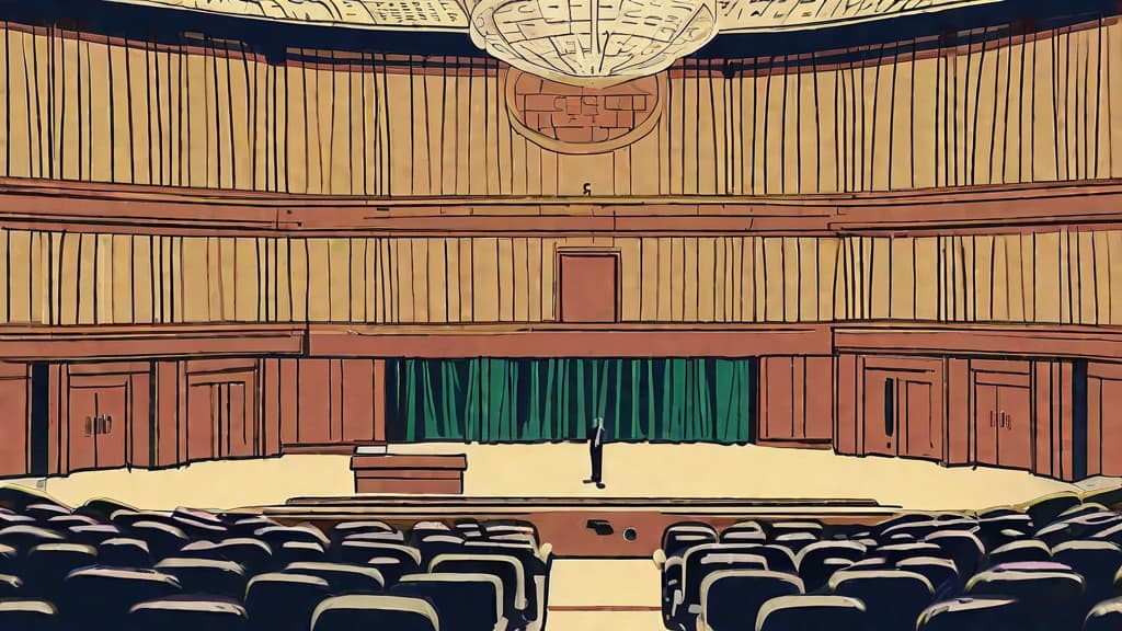  The Chernobyl trial took place roughly a year after the disaster, in the town of Chernobyl, approximately 9 kilometers from the power plant. It lasted only two weeks. For the proceedings, a community center was transformed into a courtroom. A curtain was placed to cover the depth of the stage, leaving only a narrow space on the proscenium to accommodate the three judges' seats and a small table for the stenographer (court reporter) next to them. The first rows in the audience section were removed to make space for the accused seating, defense and prosecution tables, witness stand, and security. The remaining seats were left for a small group of spectators and a limited number of journalists.