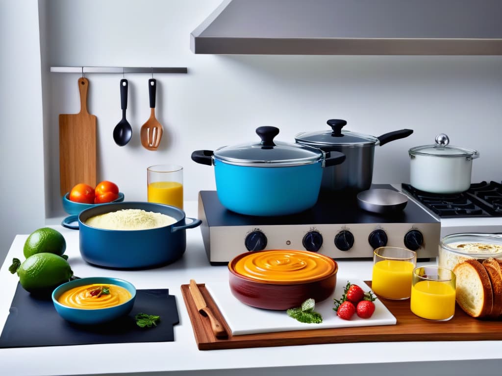  A highresolution, minimalist image of a sleek, modern kitchen countertop with an assortment of beautifully designed licensed baking and cooking products neatly arranged. The image showcases colorful kitchen gadgets, elegant cookware, and stylish bakeware, all enhancing the aesthetic appeal of the kitchen space. Each item is strategically placed to convey a sense of artistry and creativity, inspiring the viewer to elevate their culinary skills with licensed kitchen products. hyperrealistic, full body, detailed clothing, highly detailed, cinematic lighting, stunningly beautiful, intricate, sharp focus, f/1. 8, 85mm, (centered image composition), (professionally color graded), ((bright soft diffused light)), volumetric fog, trending on instagram, trending on tumblr, HDR 4K, 8K