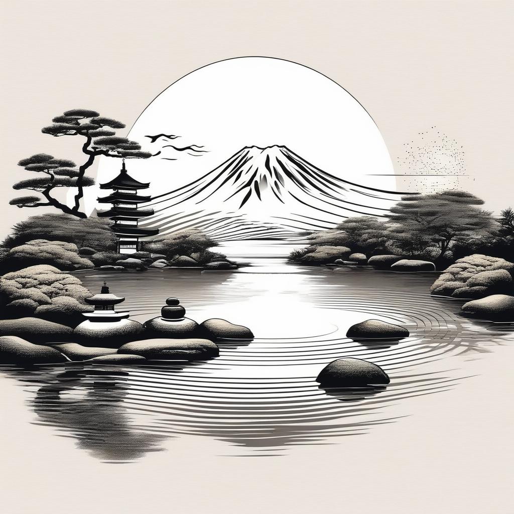  T-shirt of a design of a Japanese zen garden, minimalistic