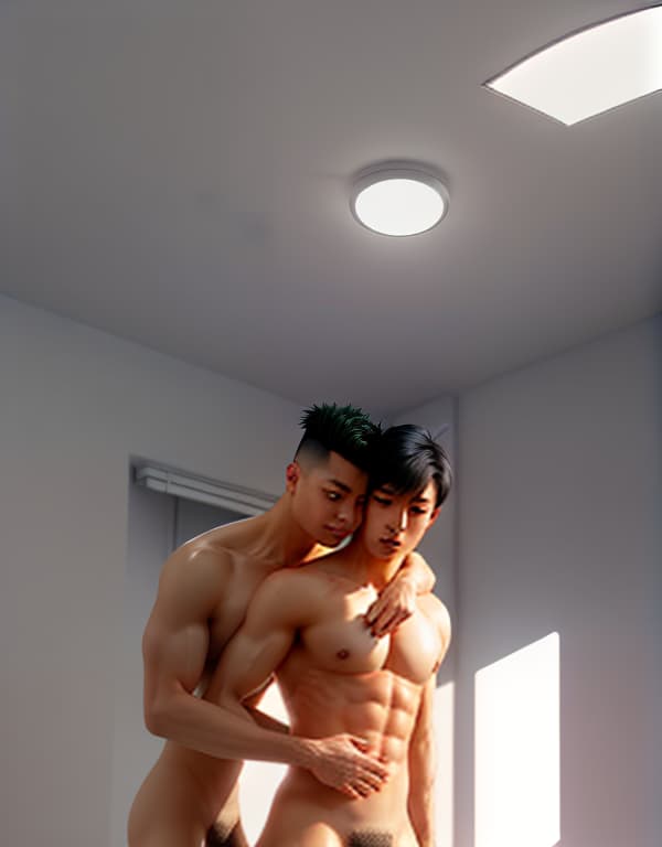 two gay men making love near windows，gay，Asian，Asiatic，Asian，Asian， portrait, happy colors, bright eyes, clear eyes, warm smile, smooth soft skin，symmetrical, anime wide eyes，big bulge， huge pectorales, naked whole body <lora:360-skybox-environment:1> hyperrealistic, full body, detailed clothing, highly detailed, cinematic lighting, stunningly beautiful, intricate, sharp focus, f/1. 8, 85mm, (centered image composition), (professionally color graded), ((bright soft diffused light)), volumetric fog, trending on instagram, trending on tumblr, HDR 4K, 8K