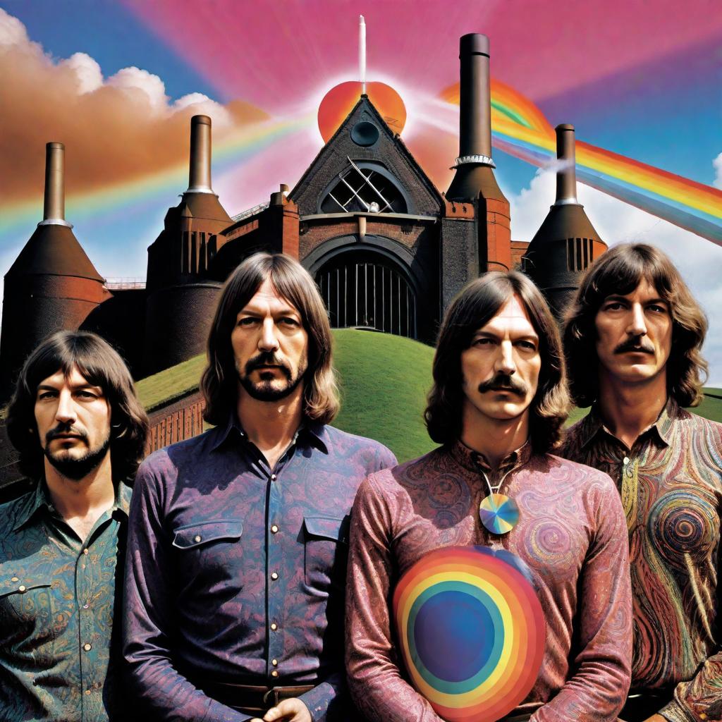  Create a colorful and psychedelic photo that captures the essence of Pink Floyd, with elements that reflect their iconic albums. There should be swirling, vibrant colors, trippy patterns, and imagery such as prisms, rainbows, and floating pigs, all combined in a dreamlike composition that evokes the band's unique and progressive musical journey. hyperrealistic, full body, detailed clothing, highly detailed, cinematic lighting, stunningly beautiful, intricate, sharp focus, f/1. 8, 85mm, (centered image composition), (professionally color graded), ((bright soft diffused light)), volumetric fog, trending on instagram, trending on tumblr, HDR 4K, 8K