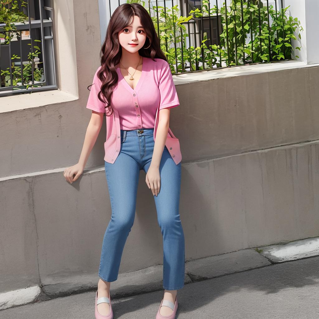  masterpiece, best quality,Full body picture of a girl with wavy medium hair wearing a pink, short sleeve shirt, dark blue pants and a cardigan ,