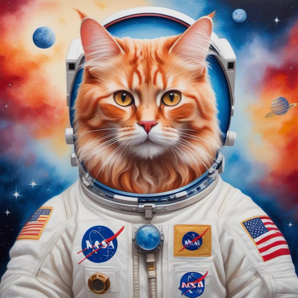  A fluffy red cat with a long mustache, in a white spacesuit of an astronaut in a closed helmet, flies in space among the planets, white beige blue red gold colors.Style Painting Acrylic