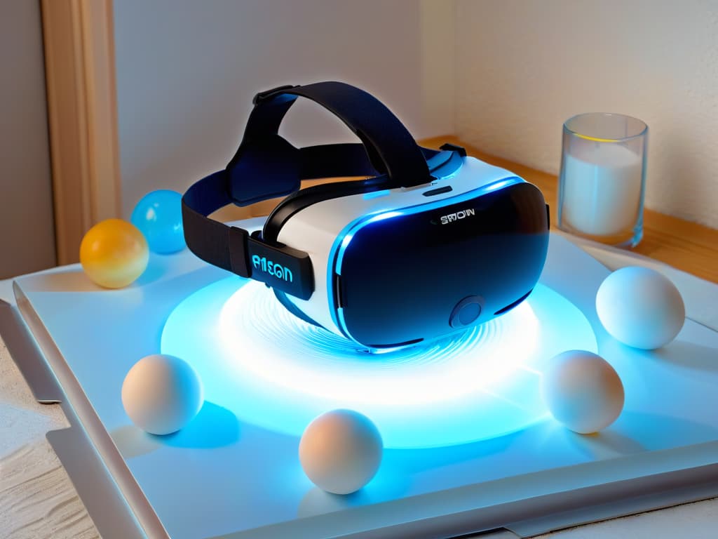  An ultradetailed illustration of a virtual reality headset with intricate circuit patterns and glowing blue lights, surrounded by floating ingredients like eggs, flour, and sugar, symbolizing the fusion of technology and traditional baking in a sleek and modern style. hyperrealistic, full body, detailed clothing, highly detailed, cinematic lighting, stunningly beautiful, intricate, sharp focus, f/1. 8, 85mm, (centered image composition), (professionally color graded), ((bright soft diffused light)), volumetric fog, trending on instagram, trending on tumblr, HDR 4K, 8K