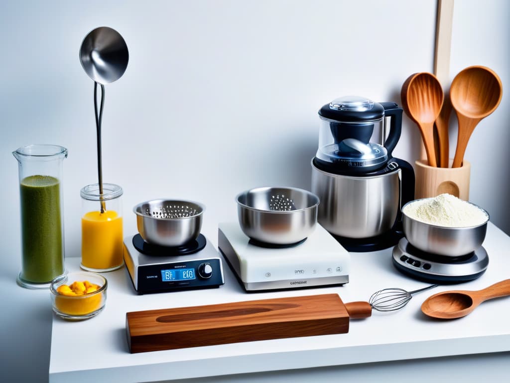  An ultradetailed, 8k resolution image of a sleek, modern kitchen countertop adorned with an array of highquality, minimalist vegan baking equipment and tools. The image should showcase items such as a precision kitchen scale, stainless steel mixing bowls, silicone spatulas, a wire whisk, measuring spoons, and a sleek stand mixer, all arranged neatly and artistically to convey a sense of professional and stylish vegan baking essentials. The lighting should be soft and diffused, highlighting the clean lines and minimalist design of the equipment, creating an aspirational and inspirational visual for the article on essential vegan baking equipment for beginners. hyperrealistic, full body, detailed clothing, highly detailed, cinematic lighting, stunningly beautiful, intricate, sharp focus, f/1. 8, 85mm, (centered image composition), (professionally color graded), ((bright soft diffused light)), volumetric fog, trending on instagram, trending on tumblr, HDR 4K, 8K