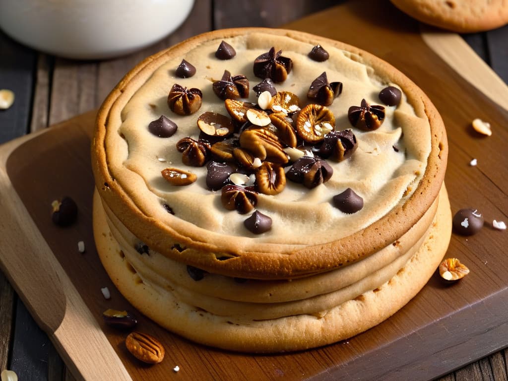  An ultradetailed closeup image of a freshly baked chocolate chip cookie, with a goldenbrown crispy edge, showing gooey chocolate chunks oozing out, topped with a sprinkle of crushed walnuts and sunflower seeds, all on a rustic wooden table. hyperrealistic, full body, detailed clothing, highly detailed, cinematic lighting, stunningly beautiful, intricate, sharp focus, f/1. 8, 85mm, (centered image composition), (professionally color graded), ((bright soft diffused light)), volumetric fog, trending on instagram, trending on tumblr, HDR 4K, 8K