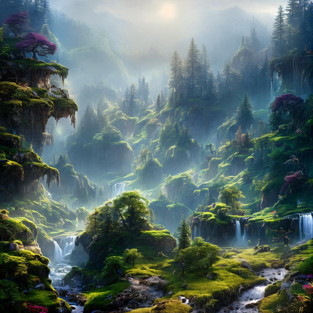  ((masterpiece)), (((best quality))), 8k, high detailed, ultra-detailed. An ethereal forest landscape with tall (evergreen trees), a winding (cobblestone path) leading to a hidden (waterfall), and a (flock of colorful birds) flying overhead. The forest is painted in vibrant shades of (green, blue, and purple), and rays of sunlight pierce through the canopy, casting a magical glow on the surroundings. hyperrealistic, full body, detailed clothing, highly detailed, cinematic lighting, stunningly beautiful, intricate, sharp focus, f/1. 8, 85mm, (centered image composition), (professionally color graded), ((bright soft diffused light)), volumetric fog, trending on instagram, trending on tumblr, HDR 4K, 8K