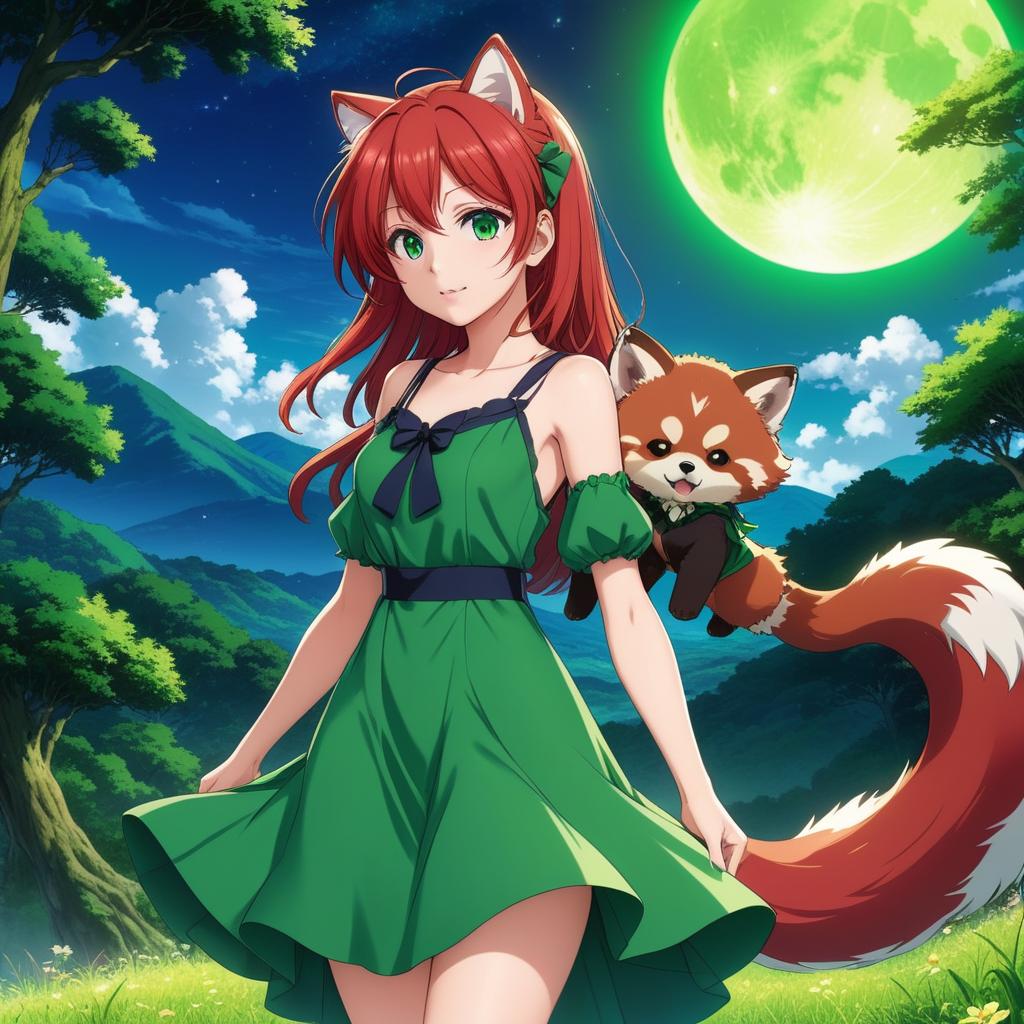  anime artwork Girl with no ears and tail + red-haired, in green dress, see + red panda nearby + magical forest at night, on the background of a big full moon + anime + anime . anime style, key visual, vibrant, studio anime,  highly detailed
