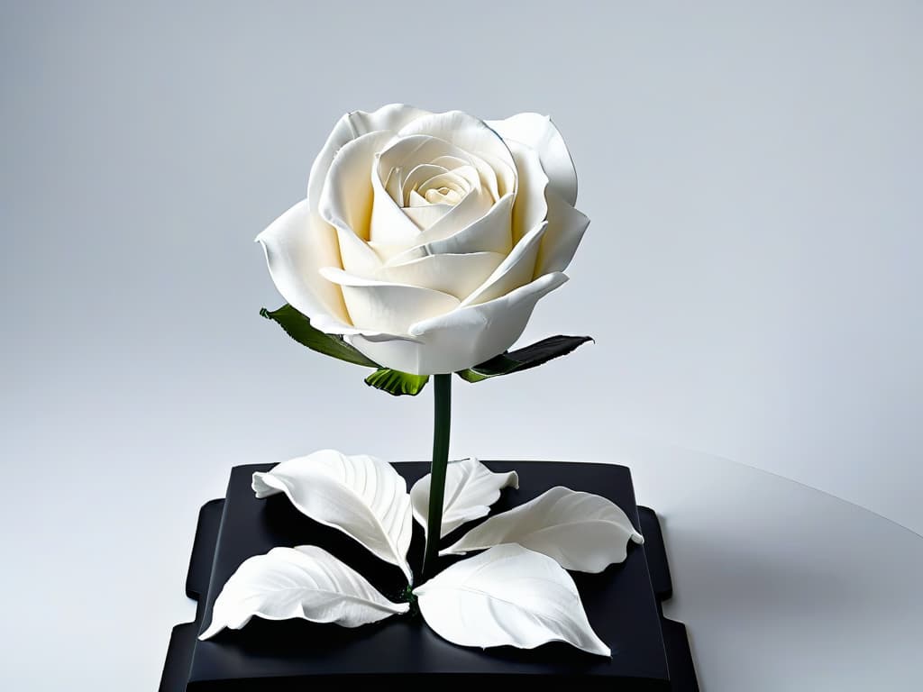  A minimalist image of a pristine white sugar sculpture delicately displayed on a sleek black pedestal, with soft, natural lighting casting elegant shadows to accentuate its intricate details. The sculpture is a lifelike representation of a blooming rose, with each delicate petal and swirling leaf crafted with precision and artistry. The simplicity of the background allows the sugar sculpture to be the focal point, showcasing its beauty and fragility, embodying the essence of delicate art preservation. hyperrealistic, full body, detailed clothing, highly detailed, cinematic lighting, stunningly beautiful, intricate, sharp focus, f/1. 8, 85mm, (centered image composition), (professionally color graded), ((bright soft diffused light)), volumetric fog, trending on instagram, trending on tumblr, HDR 4K, 8K