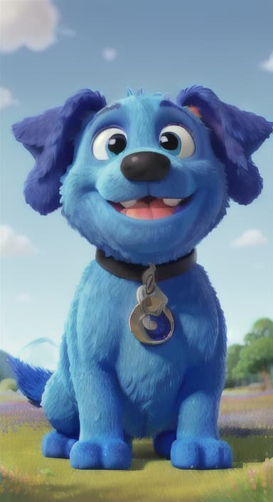  {A happy, big blue dog wagging its tail in a colorful meadow, The big blue dog is large with sky blue fur, big round eyes, a black nose, and floppy ears.