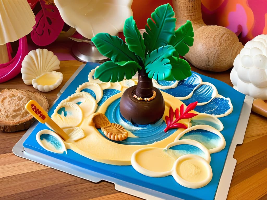  An intricately detailed, photorealistic image of a kitchen countertop filled with vibrant tropicalthemed baking utensils inspired by Moana. The scene includes a whimsical spatula shaped like a palm tree, a cookie cutter in the form of a seashell, measuring cups adorned with ocean waves, and a rolling pin with intricate Polynesian patterns. The utensils are arranged artfully, catching the light to showcase their intricate designs, inviting the viewer to explore the magic of baking with a Moanainspired theme. hyperrealistic, full body, detailed clothing, highly detailed, cinematic lighting, stunningly beautiful, intricate, sharp focus, f/1. 8, 85mm, (centered image composition), (professionally color graded), ((bright soft diffused light)), volumetric fog, trending on instagram, trending on tumblr, HDR 4K, 8K