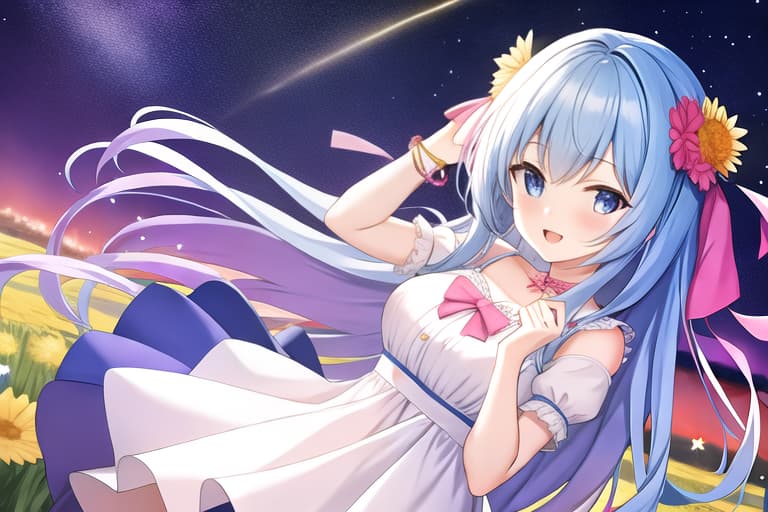  pretty anime girl, flowery field, starry night