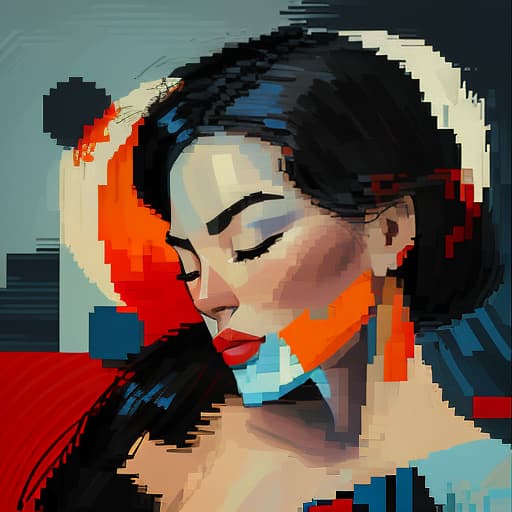  Draw an image of a Kazakh girl with her eyes closed in the style of cubism and abstractions in the national theme, (Pixel art) retro ,low resolution ,pixelated ,nostalgic hyperrealistic, full body, detailed clothing, highly detailed, cinematic lighting, stunningly beautiful, intricate, sharp focus, f/1. 8, 85mm, (centered image composition), (professionally color graded), ((bright soft diffused light)), volumetric fog, trending on instagram, trending on tumblr, HDR 4K, 8K