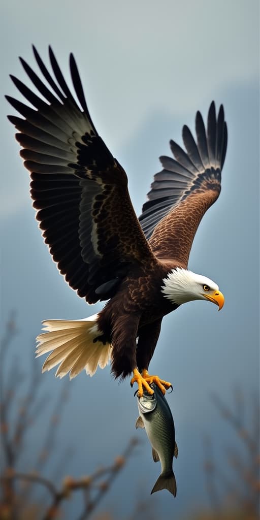  good quality, high quality, majestic bald eagle soaring with a fish in its talons