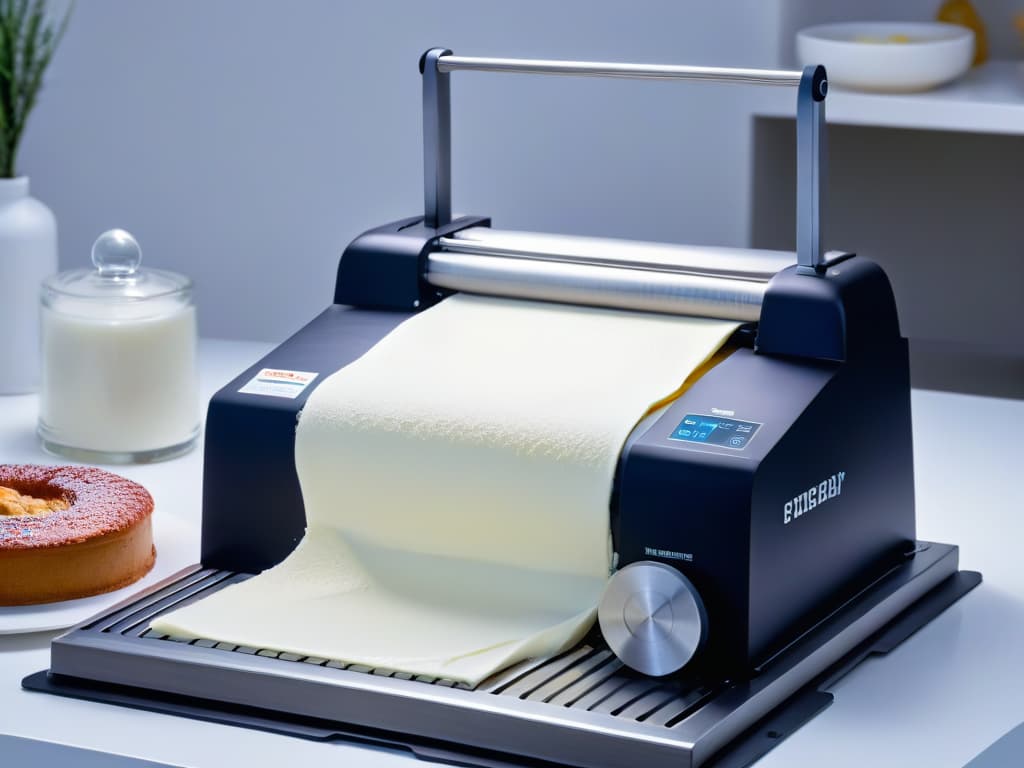  A closeup, ultradetailed image of a sleek, modern fondant rolling machine in action, capturing every intricate detail of its smooth surfaces, precise measurements, and cuttingedge design. The machine is elegantly gliding a perfectly even sheet of fondant, illuminated by soft, professional lighting that highlights its innovative features and inspires creativity in the field of pastry artistry. hyperrealistic, full body, detailed clothing, highly detailed, cinematic lighting, stunningly beautiful, intricate, sharp focus, f/1. 8, 85mm, (centered image composition), (professionally color graded), ((bright soft diffused light)), volumetric fog, trending on instagram, trending on tumblr, HDR 4K, 8K