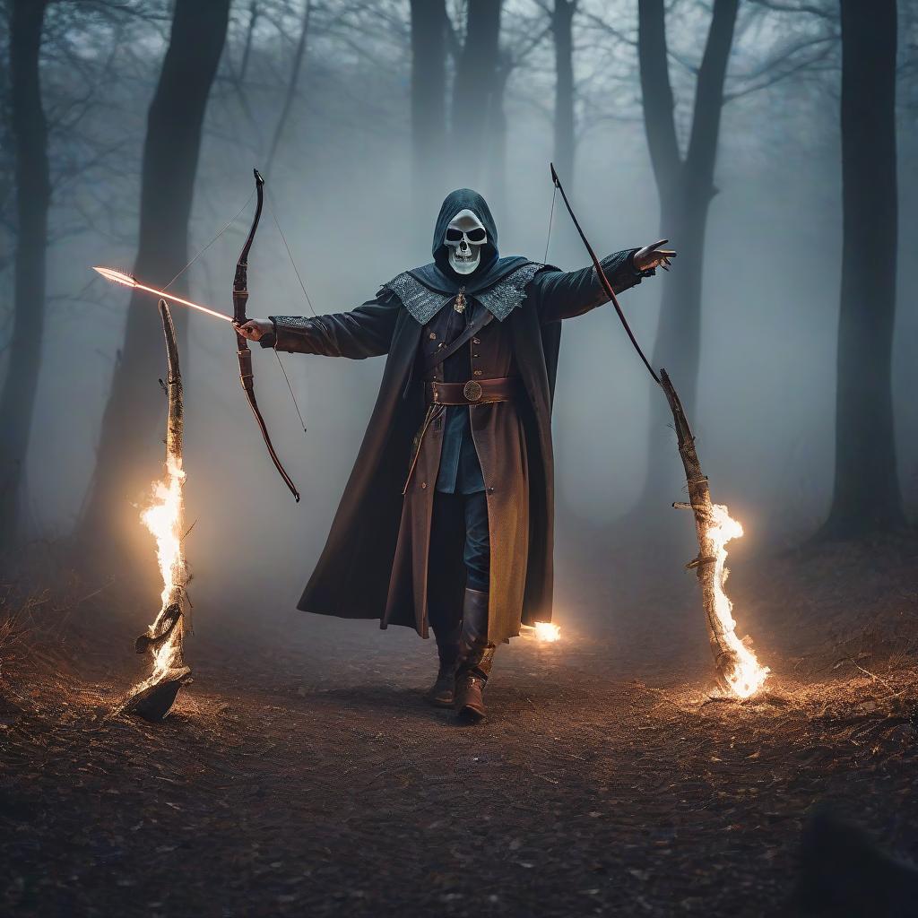  The magician shoots three ghouls with magical arrows. hyperrealistic, full body, detailed clothing, highly detailed, cinematic lighting, stunningly beautiful, intricate, sharp focus, f/1. 8, 85mm, (centered image composition), (professionally color graded), ((bright soft diffused light)), volumetric fog, trending on instagram, trending on tumblr, HDR 4K, 8K