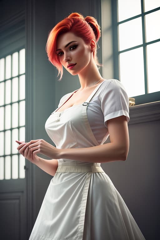  a closeup portrait of a playful maid, undercut hair, see through apron, hanging down on one side, amazing body, pronounced feminine feature, very busty, sportiv butt, sportiv Long legs, meadow, [ash blonde | ginger | pink hair], freckles, flirting with camera hyperrealistic, full body, detailed clothing, highly detailed, cinematic lighting, stunningly beautiful, intricate, sharp focus, f/1. 8, 85mm, (centered image composition), (professionally color graded), ((bright soft diffused light)), volumetric fog, trending on instagram, trending on tumblr, HDR 4K, 8K