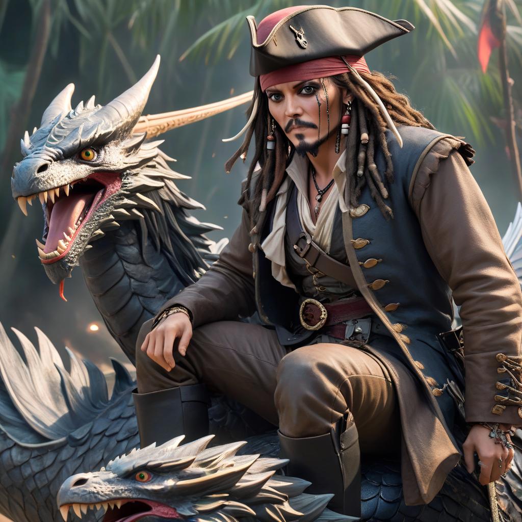  Fashion editorial style (splattered masterpiece: 1.5), (best quality: 1.2), (aesthetics), sharpen the details, (complex details: 1.2), (detailed face, detailed body, detailed eyes, bright eyes, create an animated illustration in 8K format, (realism). Jack Sparrow flies astride a mythical dragon sitting on a dragon in the sky laughing. He holds a rum in his hands . High fashion, trendy, stylish, editorial, magazine style, professional, highly detailed hyperrealistic, full body, detailed clothing, highly detailed, cinematic lighting, stunningly beautiful, intricate, sharp focus, f/1. 8, 85mm, (centered image composition), (professionally color graded), ((bright soft diffused light)), volumetric fog, trending on instagram, trending on tumblr, HDR 4K, 8K