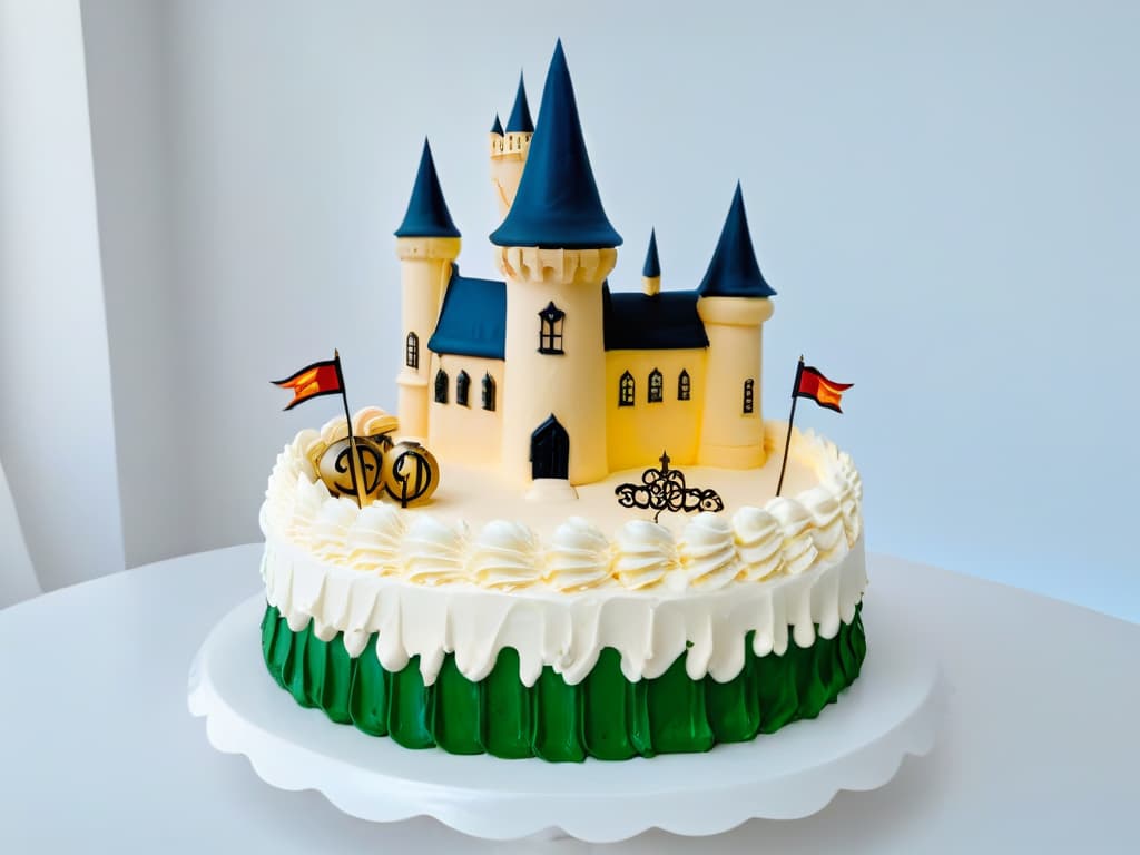  An ultradetailed, minimalistic image of a whimsical, intricately decorated cake resembling the Hogwarts castle, complete with tiny fondant turrets, windows, and flags, set against a stark white background to emphasize the intricate details and magical theme of the dessert. hyperrealistic, full body, detailed clothing, highly detailed, cinematic lighting, stunningly beautiful, intricate, sharp focus, f/1. 8, 85mm, (centered image composition), (professionally color graded), ((bright soft diffused light)), volumetric fog, trending on instagram, trending on tumblr, HDR 4K, 8K