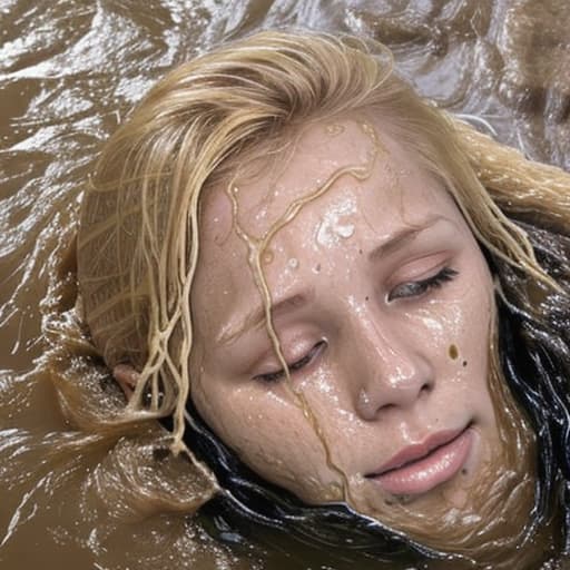  woman's face with blonde hair drowning in the river