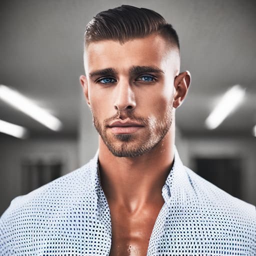 portrait+ style Russian queer fitness model brunette hunk dude face