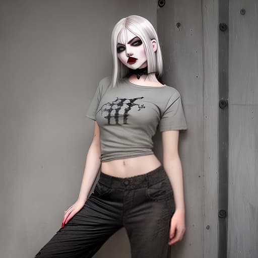  1girl, silver hair, green eyes, grey T-shirt, red saggy pants, Gothic makeup