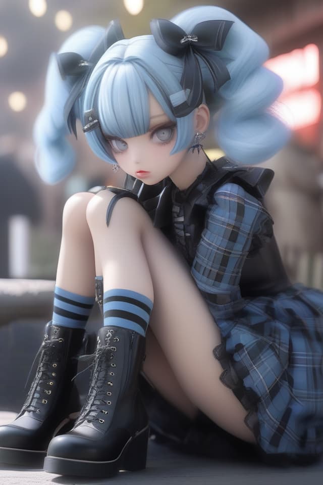  (absurdres,highres,superlative),((texture)),((contrast)),top quality,masterpiece face close up BREAK solo,girl,kawaii,(.zettai ryouiki),pastel blue hair,short hair,low twintail,(punk gothic lolita style,wearing plaid dress,striped thighhighs,patent leather platform short boots,(squat at street of akihabara),(covering privates,covering crotch), hyperrealistic, full body, detailed clothing, highly detailed, cinematic lighting, stunningly beautiful, intricate, sharp focus, f/1. 8, 85mm, (centered image composition), (professionally color graded), ((bright soft diffused light)), volumetric fog, trending on instagram, trending on tumblr, HDR 4K, 8K