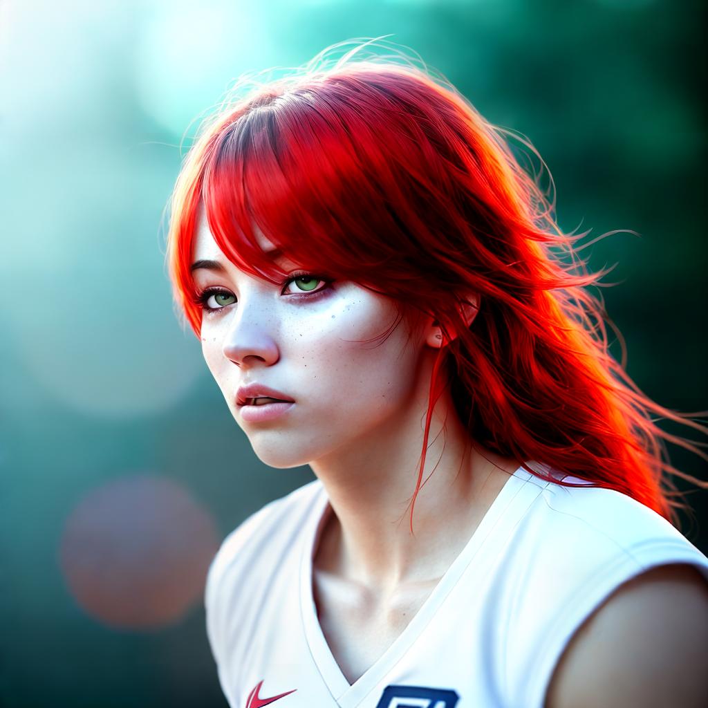 basketball player, not big, red hair, 1 eye red, 1 eye yellow, in white uniform, in white shirt, girl, beautiful, good figure, legibility ,highly detailed, cinematic lighting, stunningly beautiful, intricate, sharp focus, f1. 8, 85mm, (centered image composition), (professionally color graded), ((bright soft diffused light)), volumetric fog, trending on instagram, trending on tumblr, HDR 4K, 8K